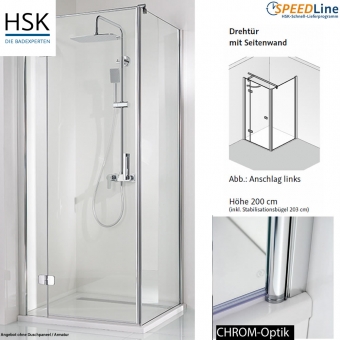HSK Dusche aus Glas / Drehtür mit Seitenwand - 90x90x200 cm - 3-teilig - Anschlag links 